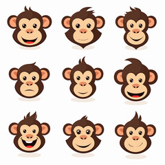 Set of cartoon fcae monkey, set of happy and surprised cartoon monkey face	