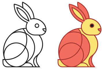 Rabbit Outline & Color Block on White Backdrop, Easter Icon Style