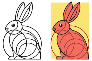 Geometric Rabbit Line Art and Colored Version Isolated on White