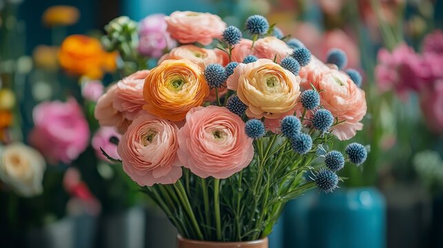 Fototapeta Floral bouquet. Peach ranunculus with blue globe thistle blooms in the studio