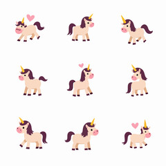 Set of Unicorn vector illustrations on white background	