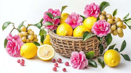 An elegant basket filled with lemons, grapes, and pink camellia flowers sits on a white background with a shadow, while cut lilies are artfully arranged on a table in a high 