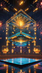 Navaratri product display background podium, Futuristic Garba Arena, glass podium, soft golden lighting, Garba dance floor, glowing light, rangoli pattern, digital fireworks, tradition, ad, podium
