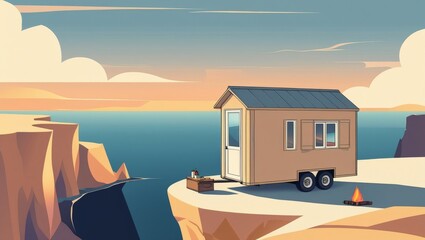Cozy tiny house on wheels parked at cliffside with beautiful sunset view