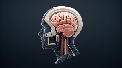 Obraz premium Conceptual illustration of a human brain inside a digital head, showcasing technology and neuroscience.