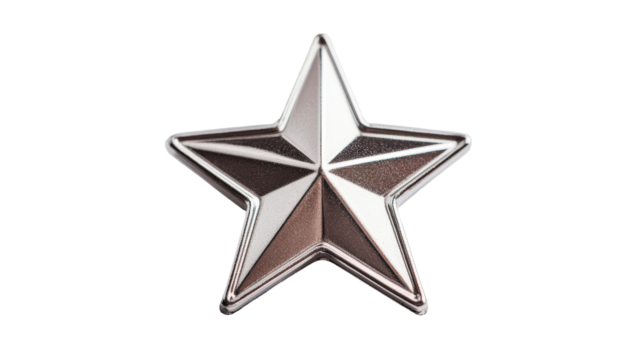 Shiny silver five point star decoration on a transparent background