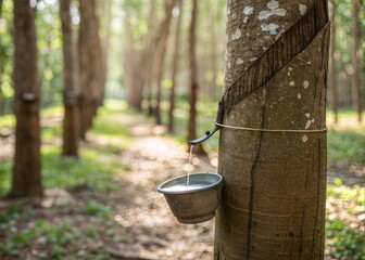 Rubber Tree Sap Collection in a Tropical Forest, bird on a swing