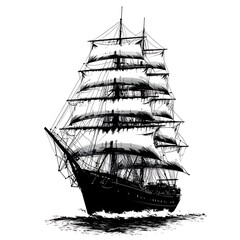 Black and white illustration of a majestic sailing ship at sea.