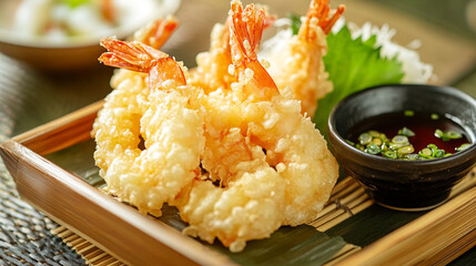 Close up of shrimp tempura served with dipping sauce on a bamboo tray in a restaurant setting
