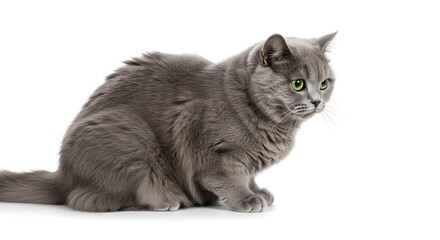 Alert gray cat with green eyes sitting on white background
