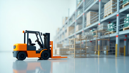 Forklift and a 3D model symbolizing 3D warehouse design in double exposure with copy space. concept as A forklift blended with a 3D model representing 3D warehouse design and layout planning with room