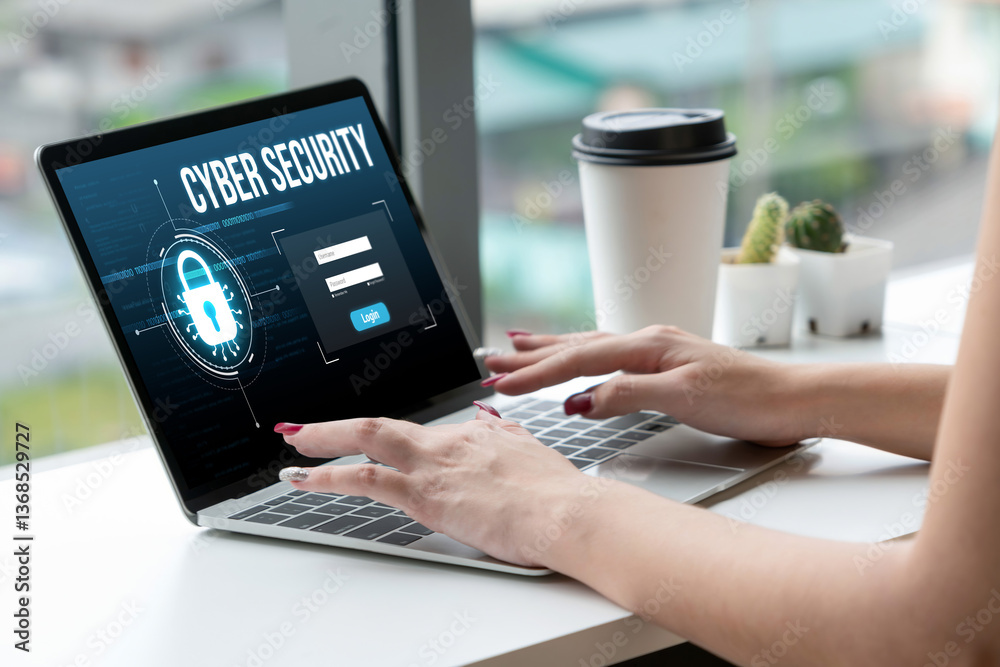 Poster cyber security system on computer screen protect private information snugly from hacker and cyber at