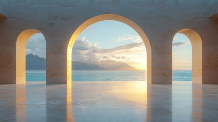 Spacious, arched structure overlooking tranquil ocean and mountains at sunset