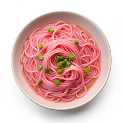 Pink noodle soup in a plate on white background