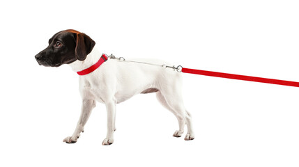 Dog with red leash standing on transparent background