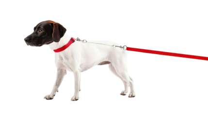 Dog with red leash standing on transparent background