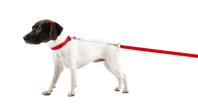 Dog with red leash standing on transparent background