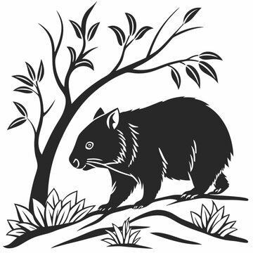 black wombat walking near tree clip art preview
