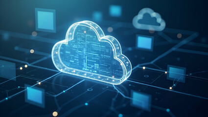 3d Flat icon as Overhead view of a corporate setting with cloud solutions and tech overlay symbolizing cloud driven business integration in double exposure with copy space. concept as An overhead view