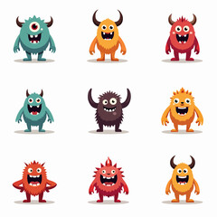 Monster set line. Colorful silhouette monsters. Happy Halloween. Cute kawaii cartoon funny boo character. Different face. Teeth, eyes, horns, hands. Childish style. Flat design White background Vector