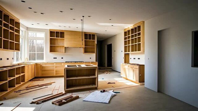 Unfinished modern kitchen renovation with cabinets installed and tools on floor