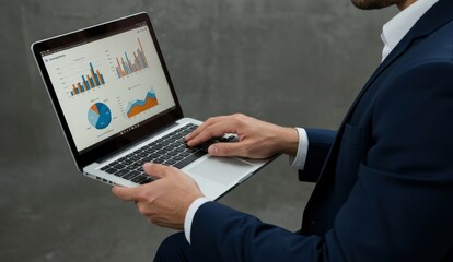 Caucasian businessman working on laptop analyzing financial data in modern office setting. Concepts: analytics, innovation.