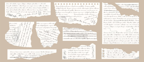 Set of torn paper with illegible handwritten text in the writing, sketching. Torn edges, scribbles in the margins. Vector.