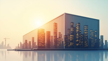 3d Flat icon as Silhouette of a warehouse and a financial dashboard symbolizing financial efficiency in double exposure with copy space. concept as A silhouette of a warehouse intertwined with a finan