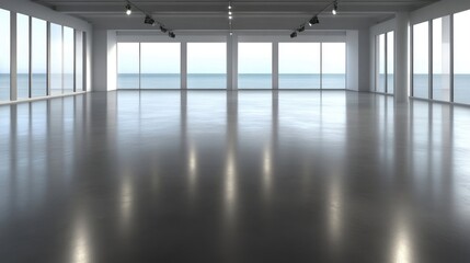Fototapeta premium Spacious, modern office space with ocean views