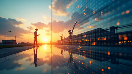 Double Exposure: Warehouse Silhouette with Financial Dashboard for Cost Control & Efficiency