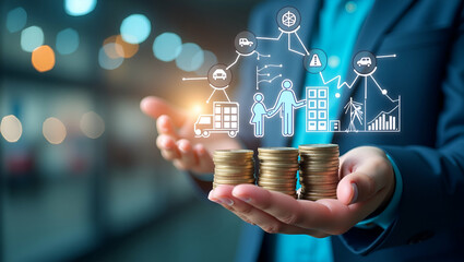 Shipping hub and a financial plan symbolizing supply chain financial planning in double exposure with copy space. concept as A shipping hub blended with a financial plan representing supply chain fina