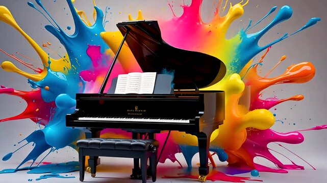 Black grand piano with colorful paint splashes exploding across white backdrop