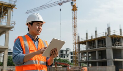 Asian male construction worker in safety gear using tablet at construction site during day. Technology, planning.