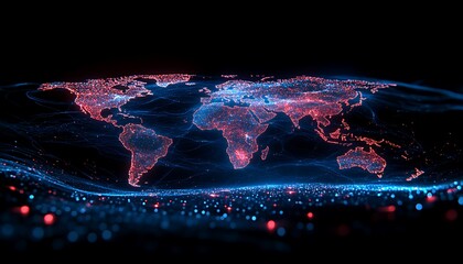 Glowing digital world map with network connections.