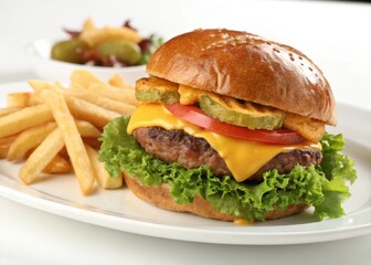 Delicious Cheeseburger and French Fries on a Plate