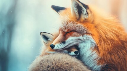 Tender embrace of two red foxes in a winter scene. Mother's Day, Mothering Sunday, Dia de la Madre - Global Maternal Celebration, Worldwide Family Holiday