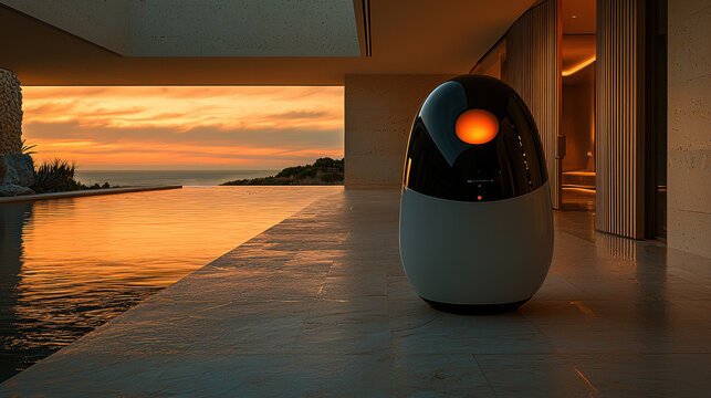 Humanoid AI nanny assists children in futuristic smart home with advanced safety features and a serene sunset backdrop