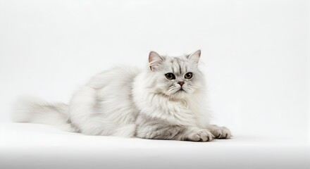 Elegant silver Persian cat with fluffy fur resting peacefully on a white background.