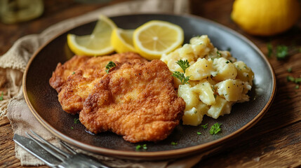 A plate of schnitzel with potato salad and lemon wedges on a wooden table close up view