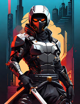 Futuristic cyberpunk ninja warrior standing with dual swords, wearing armored exosuit with glowing red eyes, sci-fi city skyline and sunset in the background, cinematic illustration, digital art, conc