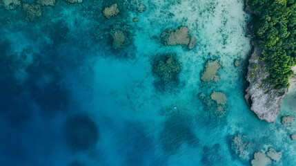 Obraz premium Aerial shot of a crystal-clear ocean lagoon, shallow turquoise waters revealing vibrant coral reefs