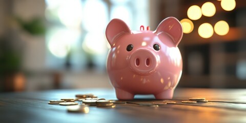 Piggy bank surrounded by coins on a wooden table in a cozy indoor setting during the day