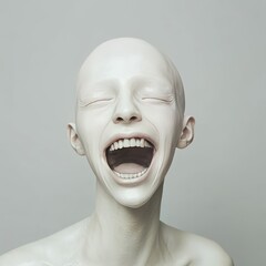 woman with grotesque emotion, laughing and crying together

