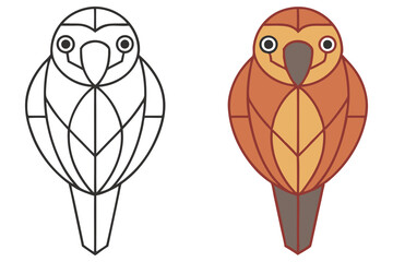 Parrot Outline in Black Line and Colour on White Background