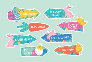 Set of Egg search direction indicators with a cute rabbits, chicks and dyed eggs for Easter Egg Hunt. Vector illustration templates for Easter holiday celebration - obrazy, fototapety, plakaty