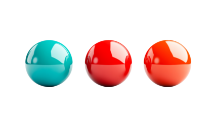 Glossy red, orange, and turquoise transparent spheres