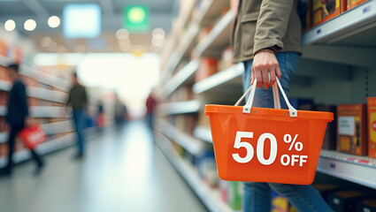 3d Flat icon as Individual with a discount store clearance signs and shopping basket overlay symbolizing American bargain hunting in double exposure with copy space. concept as An individual blended w