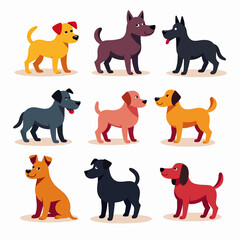 Dogs doodle vector set. Cartoon dog or puppy characters design collection with flat color in different poses. Set of funny pet animals isolated on white background	
