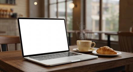 Fototapeta premium Laptop Coffee Shop Blank Screen Warm Lighting. AI Generated