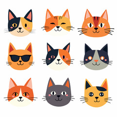 Cats are cartoon and flat colorful, good-natured, in different colors, unusual faces, various poses set. Playful kittens, home pets. Bright butterflies fly around. Vector illustration	